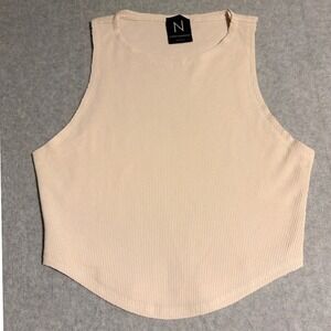 Naked Wardrobe Ribbed High Neck Sleeveless Top Beige Size Large Waffle Texture
